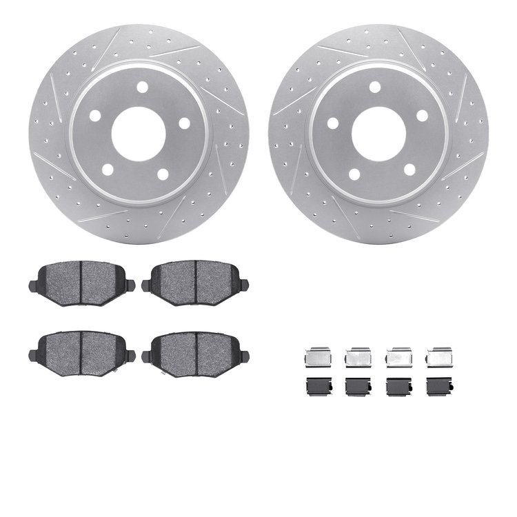 2612-40004 Geoperformance Drilled/Slotted Rotors w/5000 Euro Ceramic Brake Pads Kit & Hardware, 2009-2014 Multiple Makes/Models,