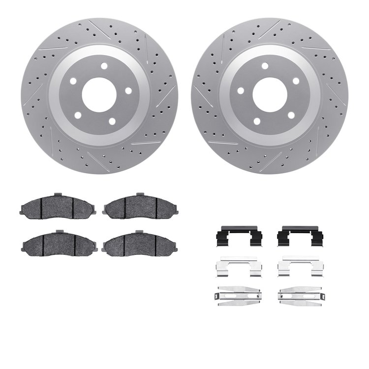 2612-46000 Geoperformance Drilled/Slotted Rotors w/5000 Euro Ceramic Brake Pads Kit & Hardware, 1997-2004 GM, Position: Front