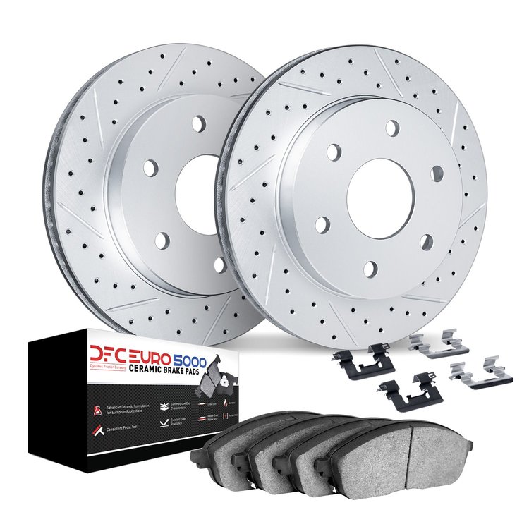 2612-48006 Geoperformance Drilled/Slotted Rotors w/5000 Euro Ceramic Brake Pads Kit & Hardware, 2002-2009 GM, Position: Rear
