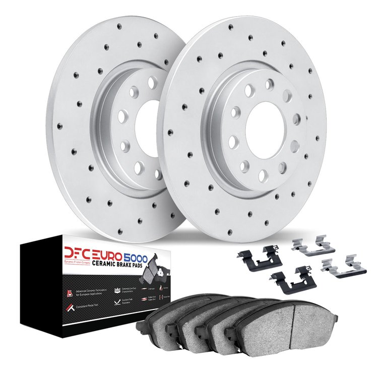 2612-65006 Geoperformance Drilled Brake Rotors w/5000 Euro Ceramic Brake Pads Kit & Hardware, 1999-2010 GM, Position: Rear