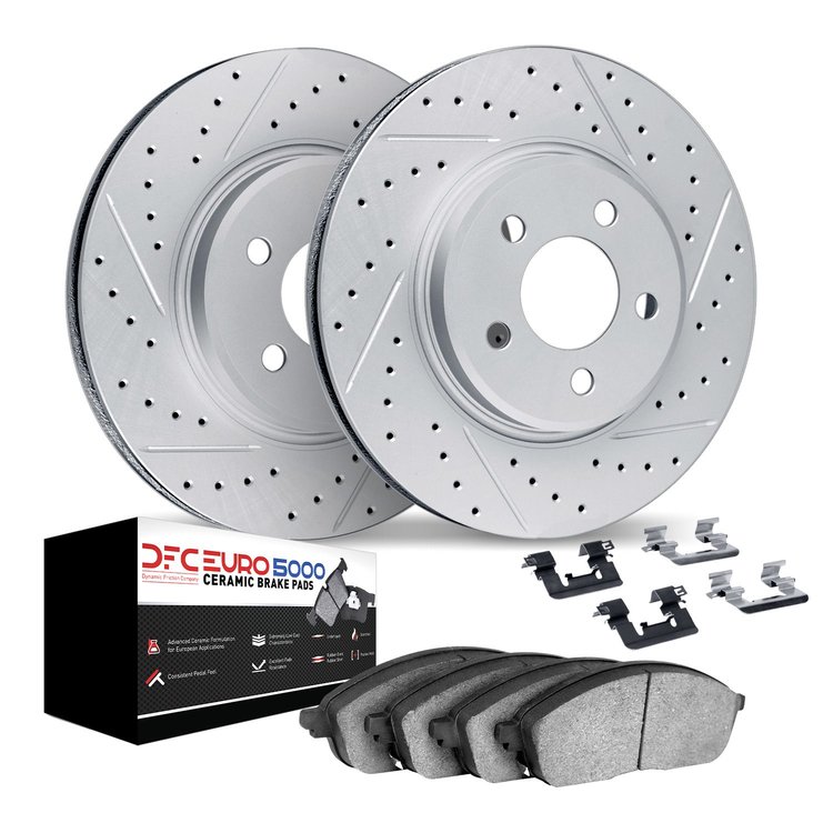 2612-75030 Geoperformance Drilled/Slotted Rotors w/5000 Euro Ceramic Brake Pads Kit & Hardware, Fits Select Lexus/Toyota/Scion, 