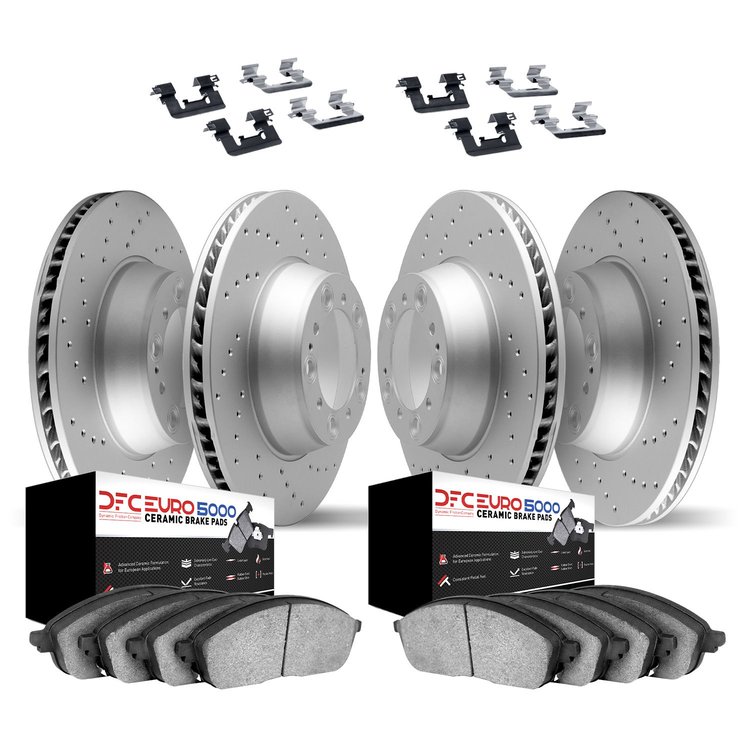 2614-02001 Geoperformance Drilled Brake Rotors w/5000 Euro Ceramic Brake Pads Kit & Hardware, 1969-1974 Porsche, Position: Front