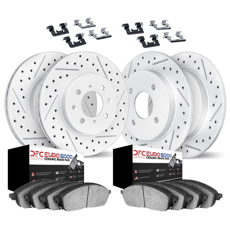 2614-54002 Geoperformance Drilled/Slotted Rotors w/5000 Euro Ceramic Brake Pads Kit & Hardware, 2002-2004 Ford/Lincoln/Mercury/M