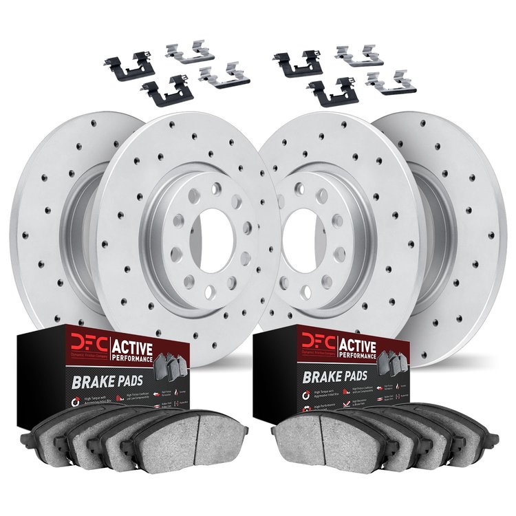 2714-31032 Geoperformance Drilled Brake Rotors with Active Performance Pads Kit & Hardware, 1996-1998 BMW, Position: Front and R
