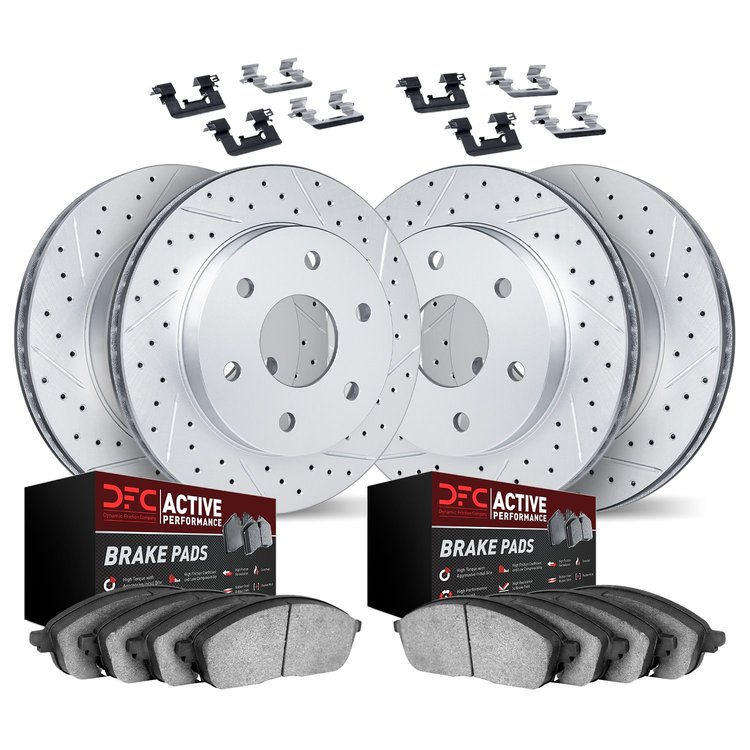 2714-46018 Geoperformance Drilled/Slotted Brake Rotors with Active Performance Pads Kit & Hardware, 2004-2011 GM, Position: Fron