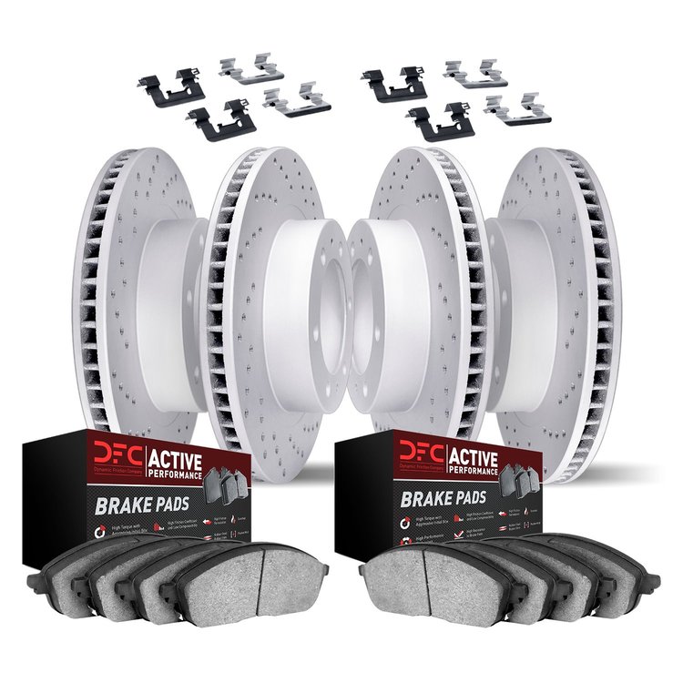 2714-46038 Geoperformance Drilled Brake Rotors with Active Performance Pads Kit & Hardware, 2004-2009 GM, Position: Front and Re