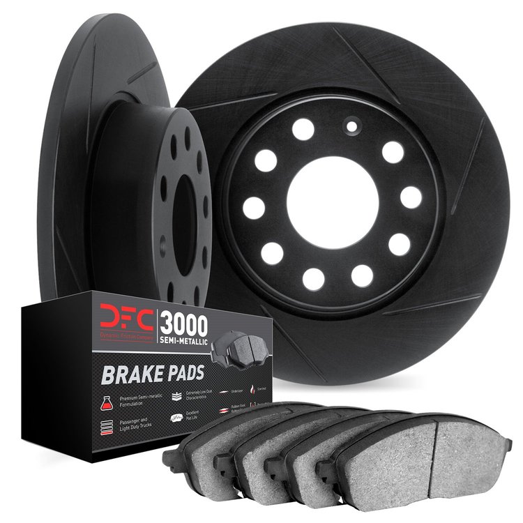 3102-47007 Slotted Brake Rotors with 3000-Series Semi-Metallic Brake Pads Kit [Black], 1983-1995 Suzuki, Position: Front