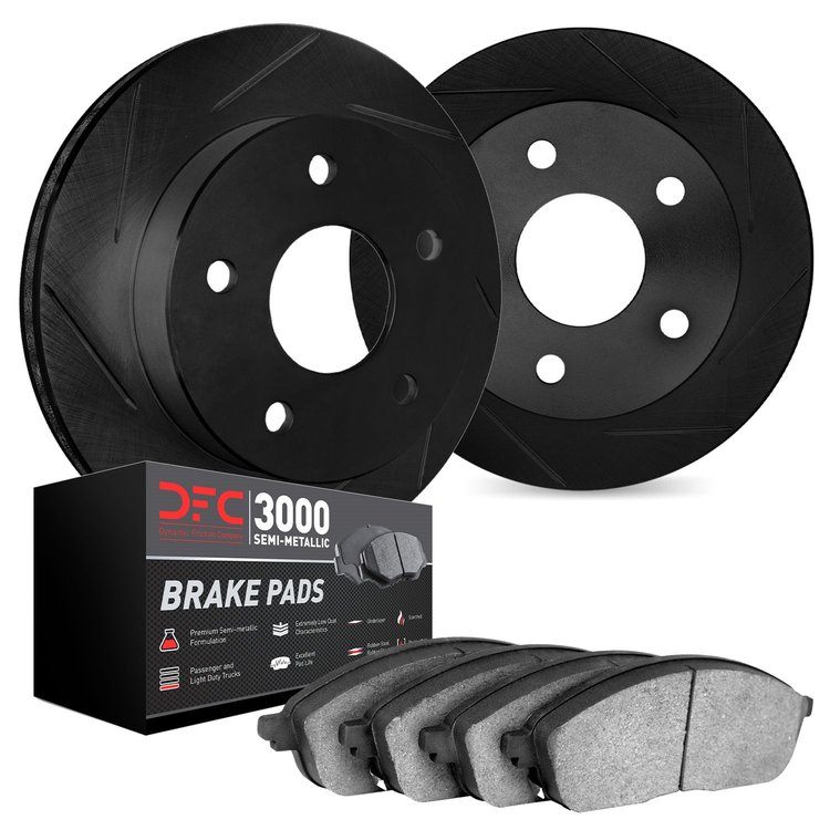 3102-92031 Slotted Brake Rotors with 3000-Series Semi-Metallic Brake Pads Kit [Black], 2006-2011 Mopar, Position: Front