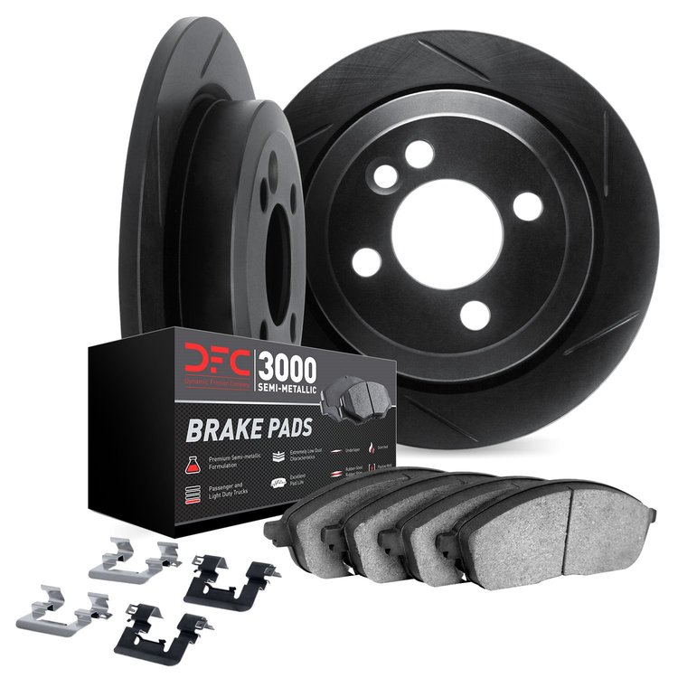 3112-13001 Slotted Brake Rotors with 3000-Series Semi-Metallic Brake Pads Kit & Hardware [Black], 1972-1981 Subaru, Position: Fr