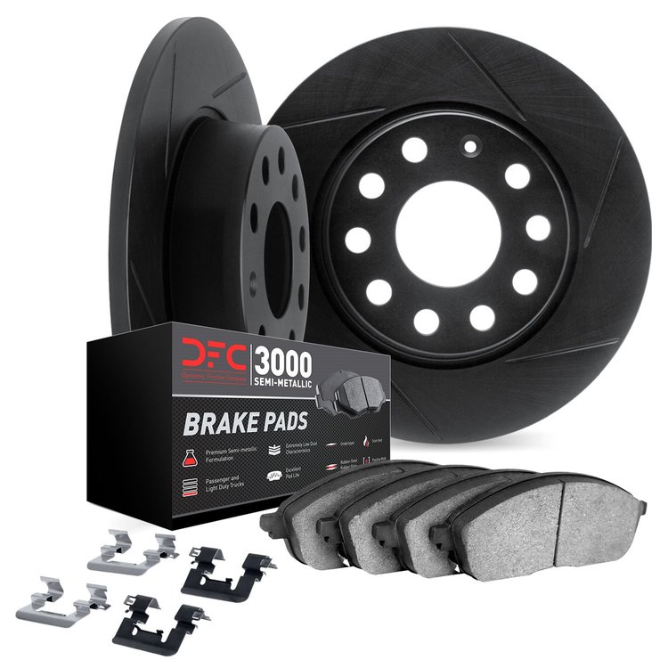 3112-13043 Slotted Brake Rotors with 3000-Series Semi-Metallic Brake Pads Kit & Hardware [Black], Fits Select Subaru, Position: 
