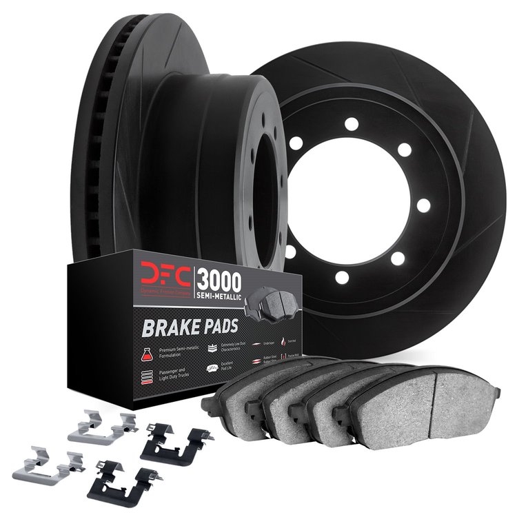 3112-40044 Slotted Brake Rotors with 3000-Series Semi-Metallic Brake Pads Kit & Hardware [Black], 1992-2000 Multiple Makes/Model