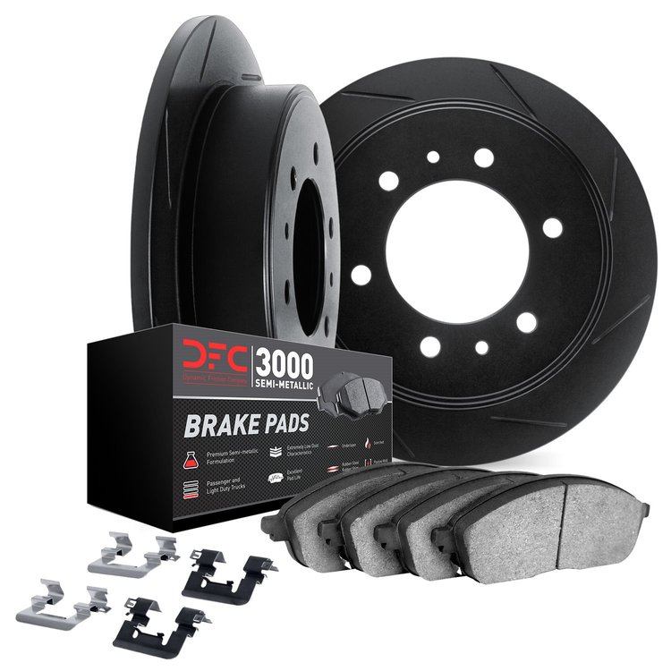 3112-40087 Slotted Brake Rotors with 3000-Series Semi-Metallic Brake Pads Kit & Hardware [Black], 2003-2004 Mopar, Position: Rea