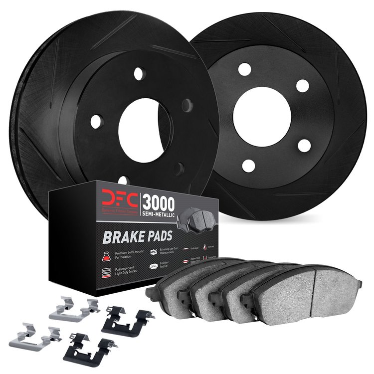 3112-54017 Slotted Brake Rotors with 3000-Series Semi-Metallic Brake Pads Kit & Hardware [Black], 1968-1973 Ford/Lincoln/Mercury