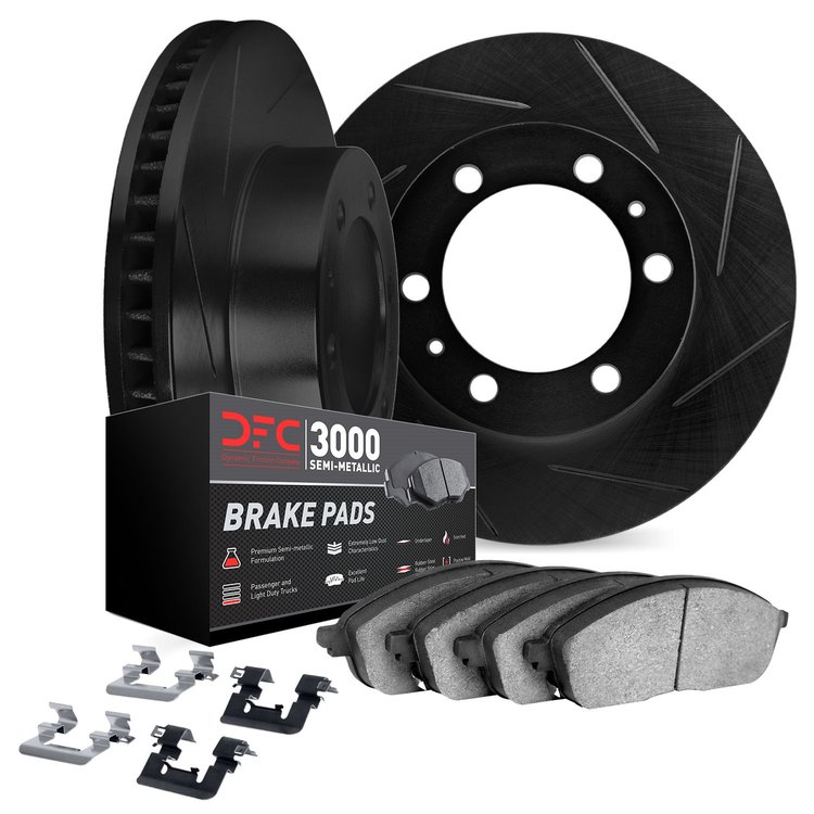 3112-67022 Slotted Brake Rotors with 3000-Series Semi-Metallic Brake Pads Kit & Hardware [Black], 1982-1985 Infiniti/Nissan, Pos