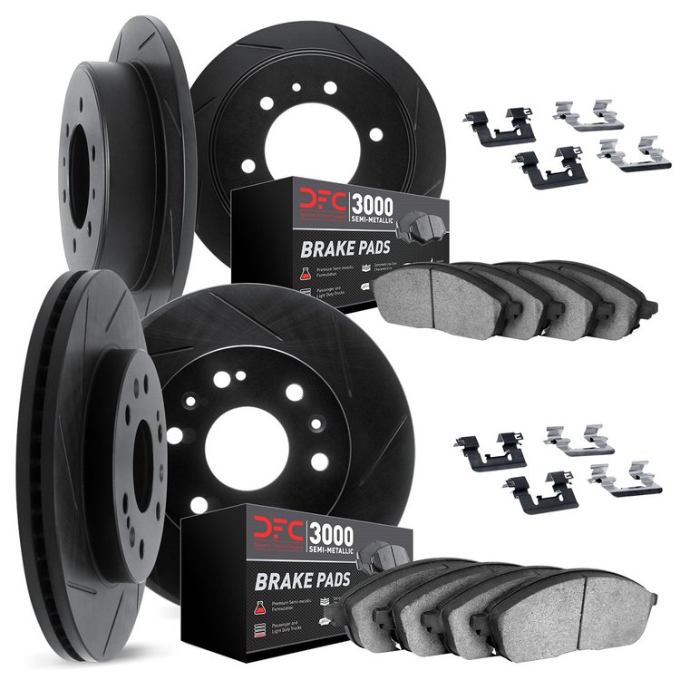 3114-40024 Slotted Brake Rotors with 3000-Series Semi-Metallic Brake Pads Kit & Hardware [Black], 2003-2004 Mopar, Position: Fro