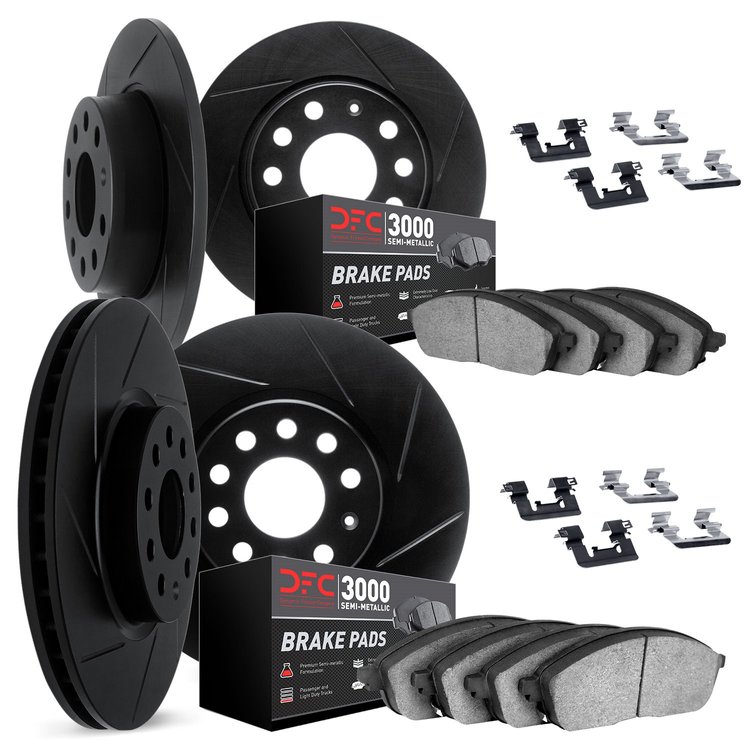3114-42010 Slotted Brake Rotors with 3000-Series Semi-Metallic Brake Pads Kit & Hardware [Black], 2007-2012 Mopar, Position: Fro