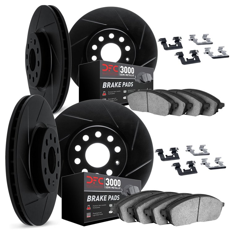 3114-48003 Slotted Brake Rotors with 3000-Series Semi-Metallic Brake Pads Kit & Hardware [Black], 1998-2005 GM, Position: Front 