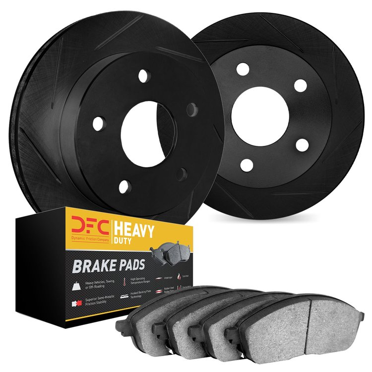 3202-55002 Slotted Brake Rotors w/Heavy-Duty Brake Pads [Black], 1984-1987 Ford/Lincoln/Mercury/Mazda, Position: Front