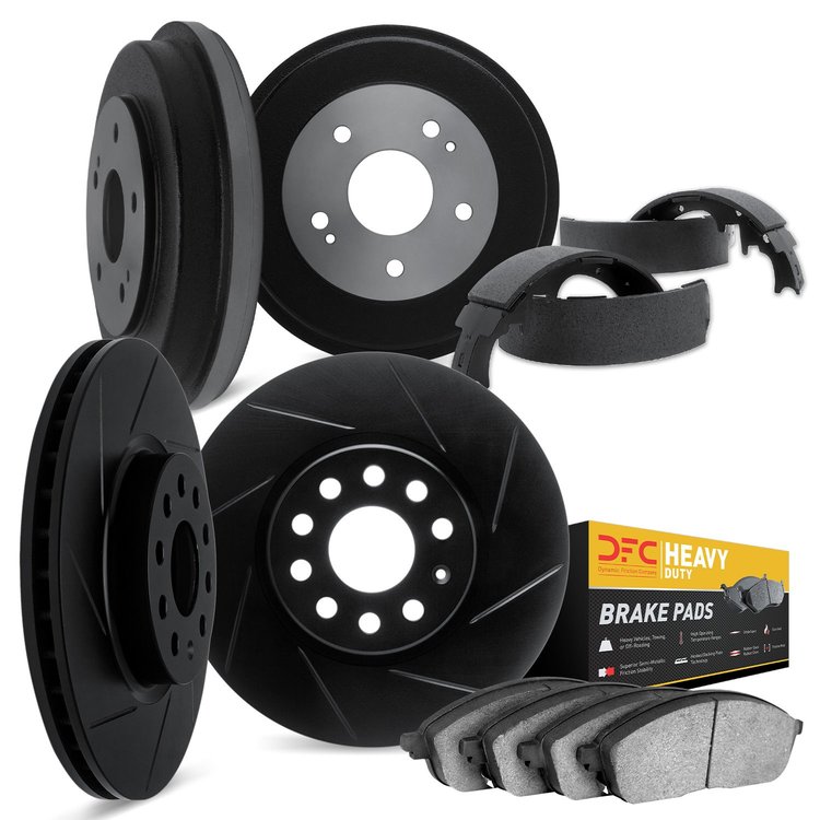 3204-42003 Slotted Brake Rotors w/Heavy-Duty Brake Pads/Drums & Shoes [Black], 1976-1978 Mopar, Position: Front and Rear