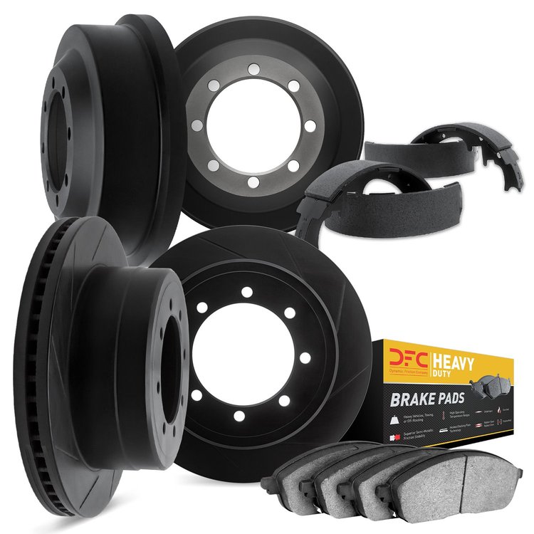 3204-48031 Slotted Brake Rotors w/Heavy-Duty Brake Pads/Drums & Shoes [Black], 1992-2000 GM, Position: Front and Rear