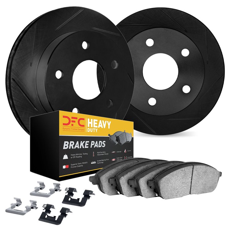 3212-40002 Slotted Brake Rotors w/Heavy-Duty Brake Pads Kit & Hardware [Black], 2002-2006 Multiple Makes/Models, Position: Front
