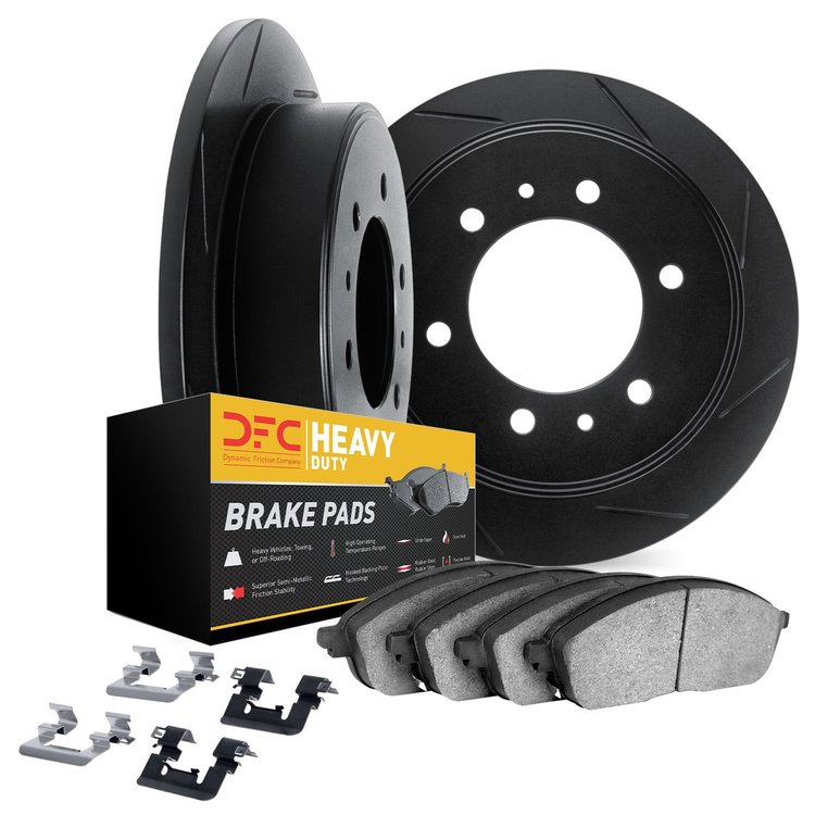 3212-40176 Slotted Brake Rotors w/Heavy-Duty Brake Pads Kit & Hardware [Black], 2003-2004 Mopar, Position: Rear