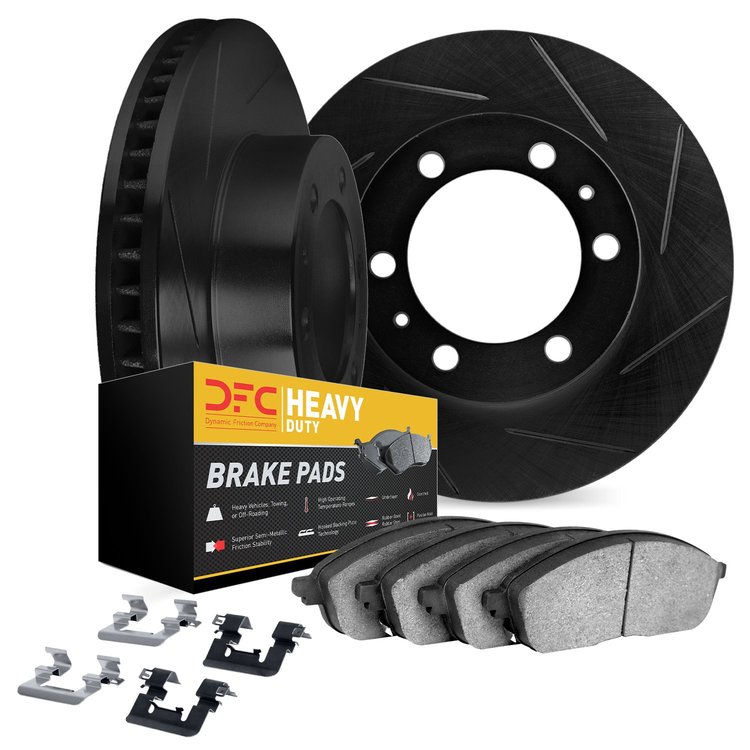 3212-48172 Slotted Brake Rotors w/Heavy-Duty Brake Pads Kit & Hardware [Black], 2009-2020 GM, Position: Front