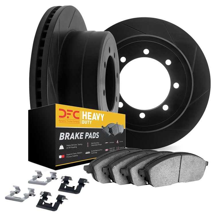 3212-99084 Slotted Brake Rotors w/Heavy-Duty Brake Pads Kit & Hardware [Black], 1986-1994 Ford/Lincoln/Mercury/Mazda, Position: 