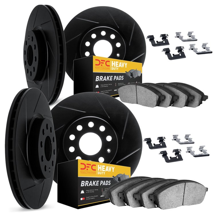 3214-40245 Slotted Brake Rotors w/Heavy-Duty Brake Pads Kit & Hardware [Black], 2005-2006 Mopar, Position: Front and Rear
