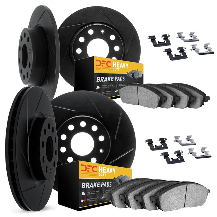 3214-42006 Slotted Brake Rotors w/Heavy-Duty Brake Pads Kit & Hardware [Black], 1999-2004 Mopar, Position: Front and Rear