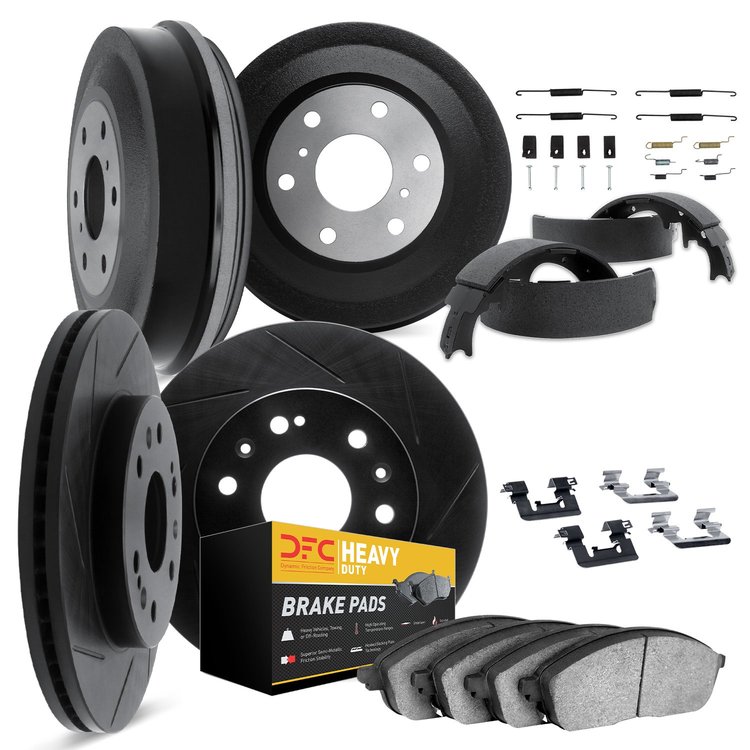 3214-42025 Slotted Brake Rotors w/Heavy-Duty Brake Pads/Drums/Shoes & Hardware Kit [Black], 1977-1991 Mopar, Position: Front and