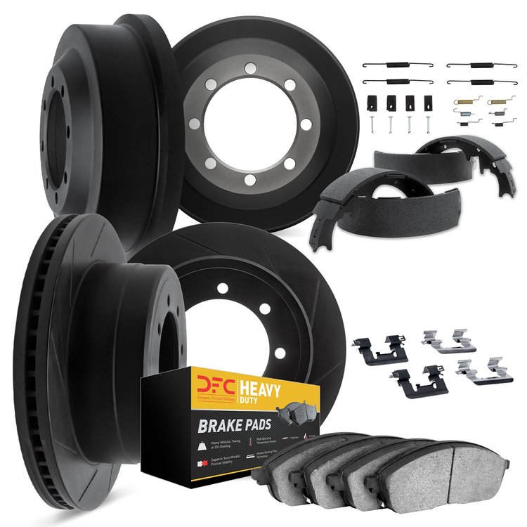 3214-48068 Slotted Brake Rotors w/Heavy-Duty Brake Pads/Drums/Shoes & Hardware Kit [Black], 1972-1973 GM, Position: Front and Re