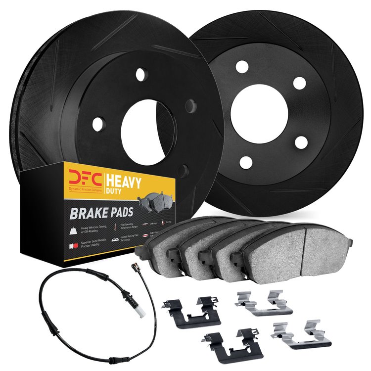 3222-40008 Slotted Brake Rotors w/Heavy-Duty Brake Pads/Sensor & Hardware Kit [Black], 2003-2006 Mopar, Position: Front