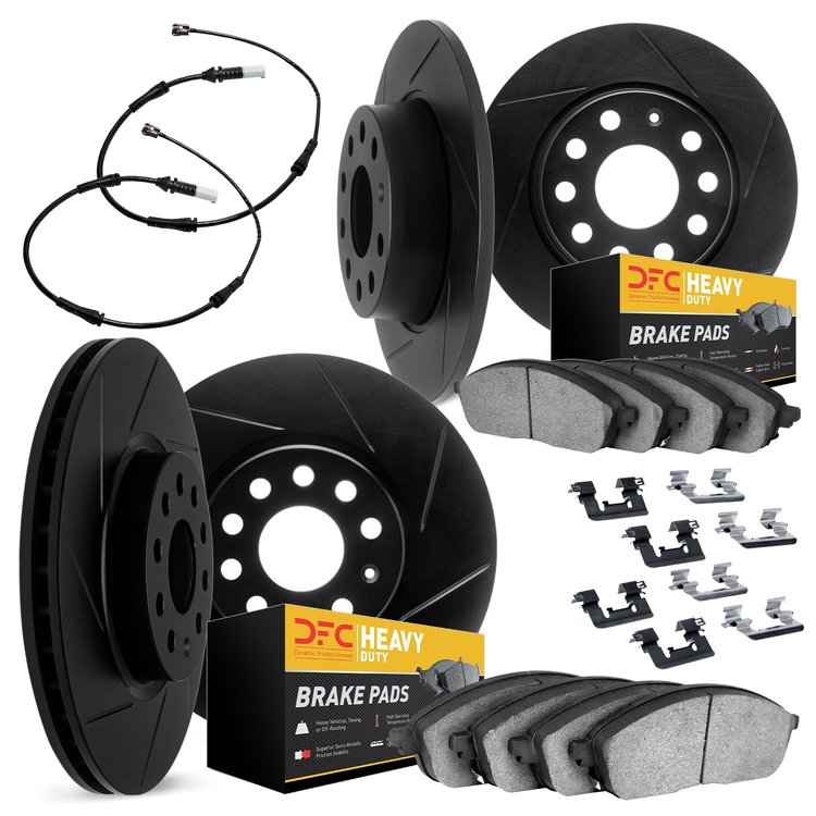 3224-40003 Slotted Brake Rotors w/Heavy-Duty Brake Pads/Sensor & Hardware Kit [Black], 2003-2006 Mopar, Position: Front and Rear