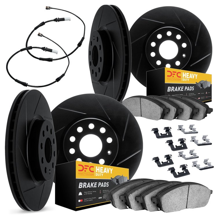 3224-40005 Slotted Brake Rotors w/Heavy-Duty Brake Pads/Sensor & Hardware Kit [Black], 2006-2006 Mopar, Position: Front and Rear