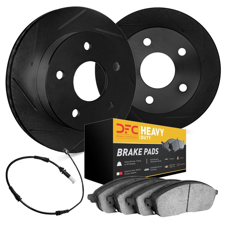 3232-40004 Slotted Brake Rotors w/Heavy-Duty Brake Pads Kit & Sensor [Black], 2002-2006 Multiple Makes/Models, Position: Front