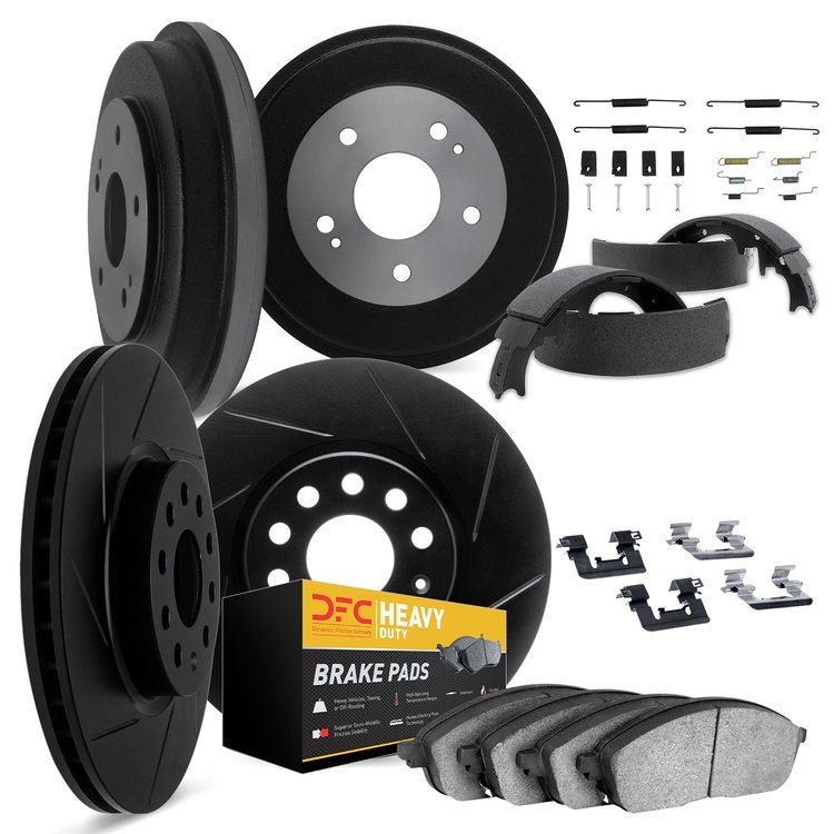 3284-47073 Slotted Brake Rotors w/Heavy-Duty Brake Pads/Drums/Shoes/Hardware/Adjusters [Black], 1971-1975 GM, Position: Front an