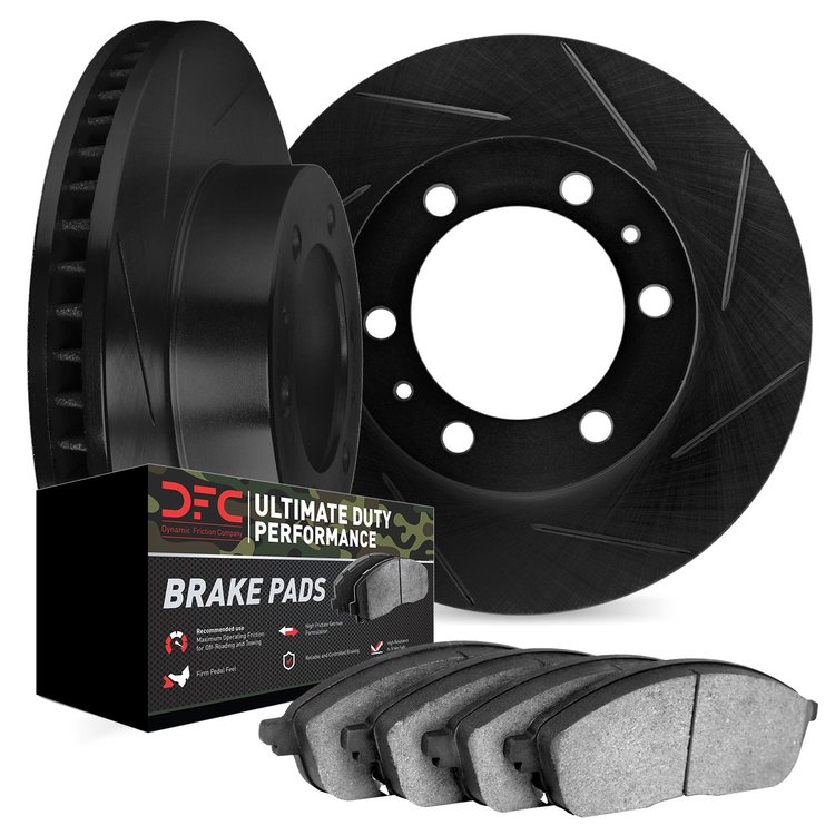 3402-48006 Slotted Brake Rotors with Ultimate-Duty Brake Pads Kit [Black], 1988-1996 GM, Position: Front