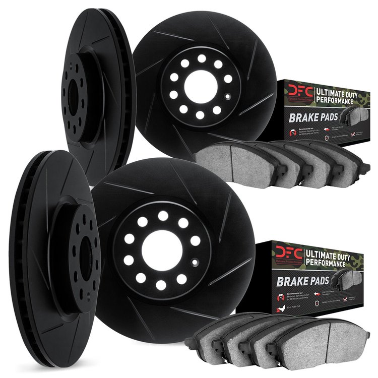 3404-42005 Slotted Brake Rotors with Ultimate-Duty Brake Pads Kit [Black], Fits Select Mopar, Position: Front and Rear