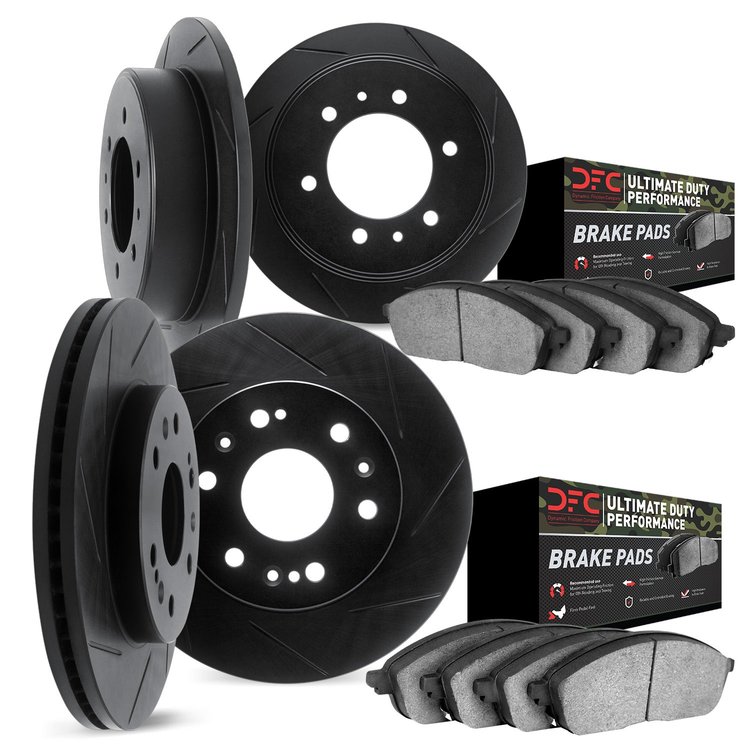 3404-67003 Slotted Brake Rotors with Ultimate-Duty Brake Pads Kit [Black], 2005-2007 Infiniti/Nissan, Position: Front and Rear