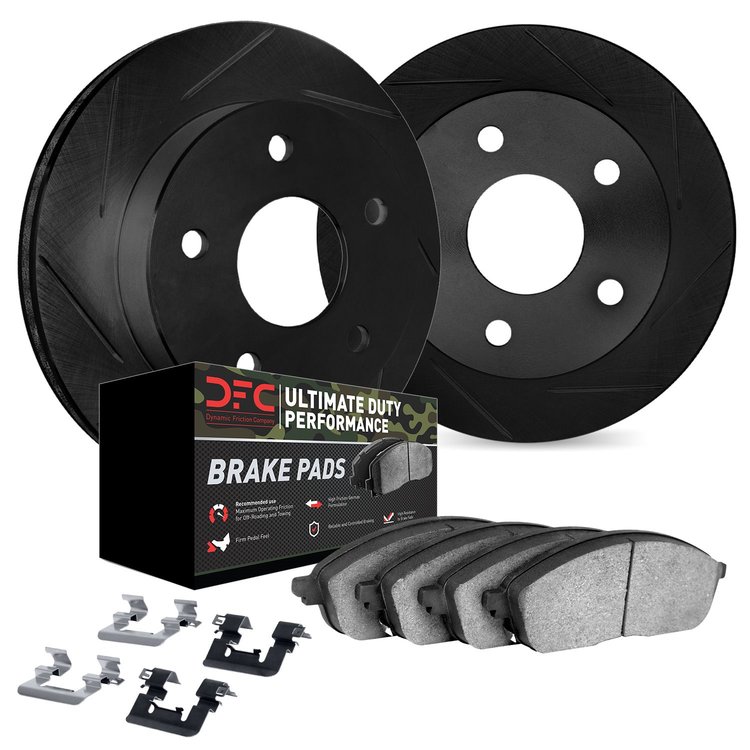 3412-42001 Slotted Brake Rotors with Ultimate-Duty Brake Pads Kit & Hardware [Black], 2005-2010 Mopar, Position: Front