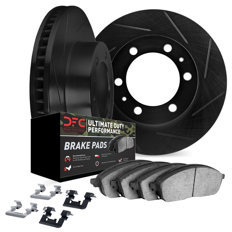 3412-92002 Slotted Brake Rotors with Ultimate-Duty Brake Pads Kit & Hardware [Black], 2008-2017 Mitsubishi, Position: Front