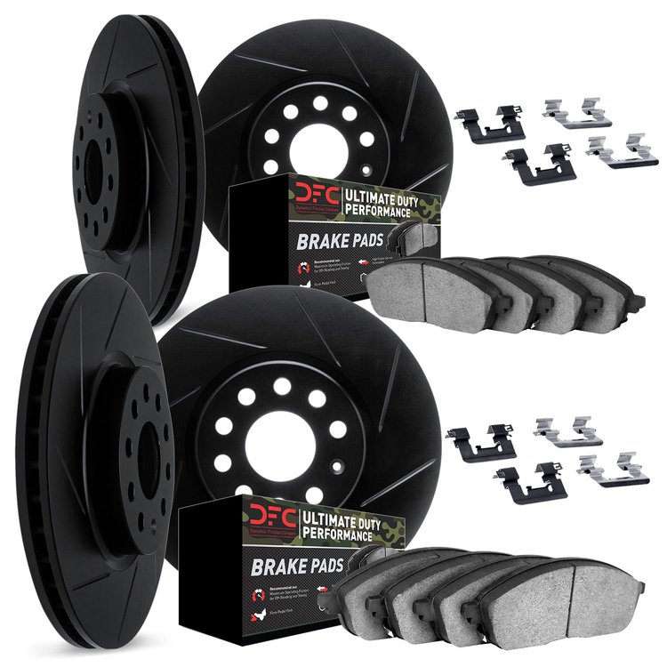 3414-40002 Slotted Brake Rotors with Ultimate-Duty Brake Pads Kit & Hardware [Black], 2006-2018 Mopar, Position: Front and Rear