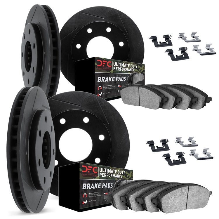 3414-54032 Slotted Brake Rotors with Ultimate-Duty Brake Pads Kit & Hardware [Black], 2004-2008 Ford/Lincoln/Mercury/Mazda, Posi