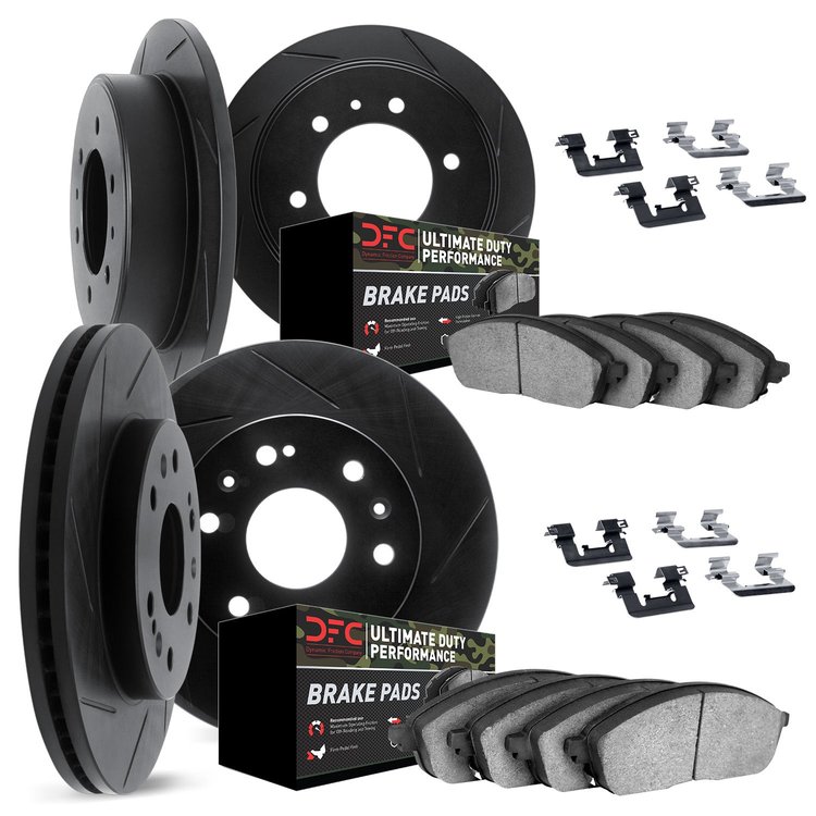 3414-67002 Slotted Brake Rotors with Ultimate-Duty Brake Pads Kit & Hardware [Black], 2005-2007 Infiniti/Nissan, Position: Front
