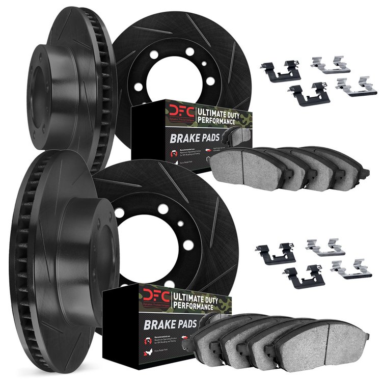 3414-92001 Slotted Brake Rotors with Ultimate-Duty Brake Pads Kit & Hardware [Black], 2015-2017 Mitsubishi, Position: Front and 