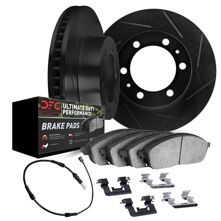 3422-47001 Slotted Brake Rotors with Ultimate-Duty Brake Pads/Sensor & Hardware Kit [Black], Fits Select GM, Position: Front