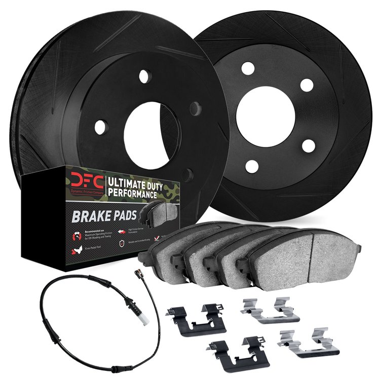 3422-63001 Slotted Brake Rotors with Ultimate-Duty Brake Pads/Sensor & Hardware Kit [Black], 2012-2018 Mercedes-Benz, Position: 