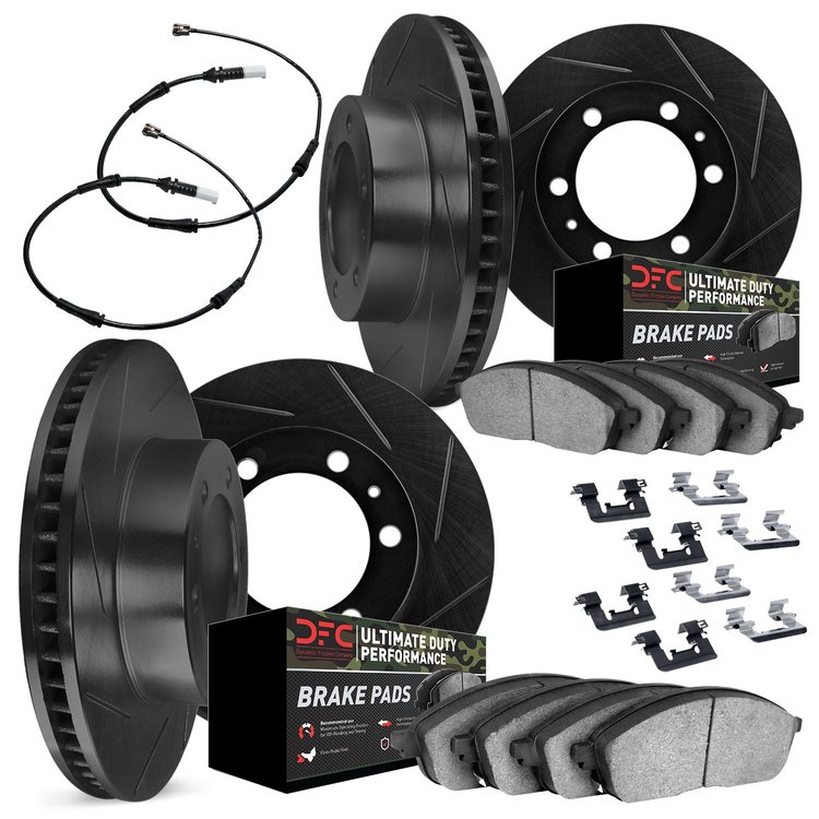 3424-47001 Slotted Brake Rotors with Ultimate-Duty Brake Pads/Sensor & Hardware Kit [Black], Fits Select GM, Position: Front and