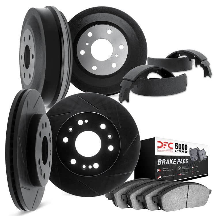 3504-47024 Slotted Brake Rotors w/5000 Advanced Brake Pads/Drums & Shoes Kit [Black], 2004-2008 GM, Position: Front and Rear